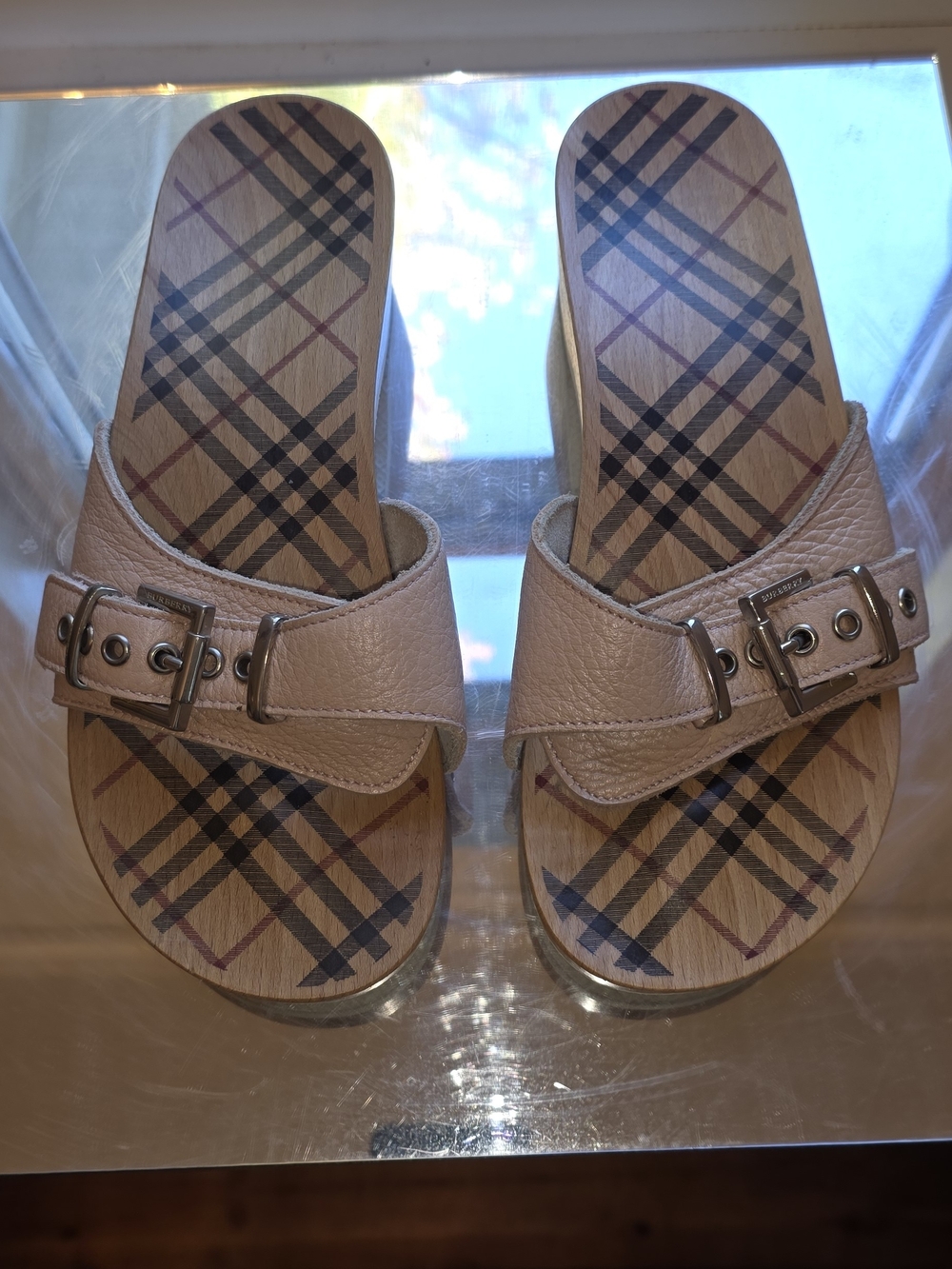 Brigitte Burberry Pink Leather Buckle Wooden Slide Sandals